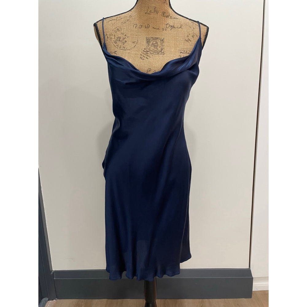 Wilfred Diamante Navy Cowl Neck Satin Slip Dress Medium Open Back Cupro - Picture 3 of 7